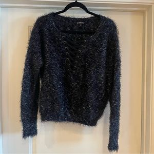 Express Fuzzy Sweater with Deep Laced-up V-Neck (Size M)